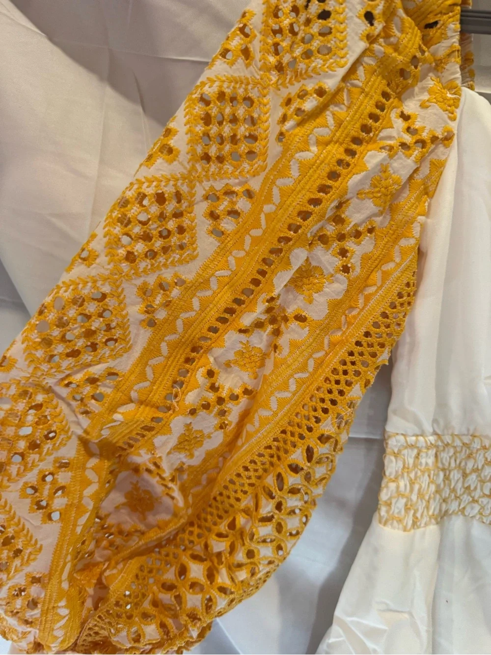 CHicways White Mini Boho Romper  with Yellow Embroidered Puff Sleeves